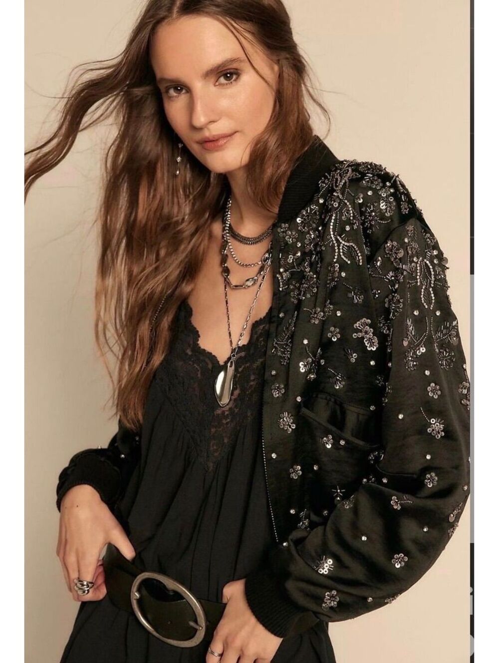 Free People Stassi Embellished Satin Bomber NWT Large *Fflaw